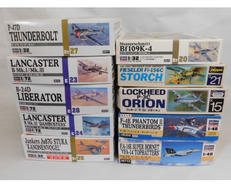 Ten boxed Hasegawa 1:32, 1:48 &amp; 1:72 scale model aircraft kits, present as unused &amp; complete