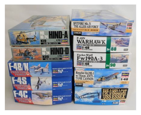 Ten boxed Hasegawa 1:48 &amp; 1:72 scale model aircraft kits, present as unused &amp; complete