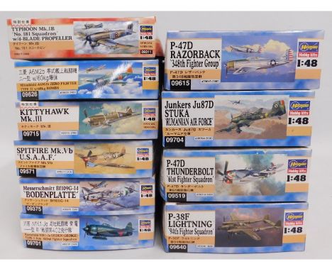 Ten boxed Hasegawa 1:48 scale model aircraft kits, present as unused &amp; complete