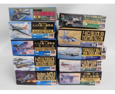 Ten boxed Hasegawa 1:48 &amp; 1:72 scale model aircraft kits, present as unused &amp; complete