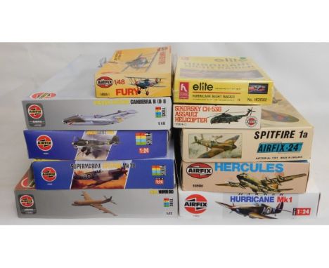 Nine boxed Airfix &amp; one Hobby Craft 1:24, 1:48 &amp; 1:72 scale model aircraft kits, present as unused &amp; complete