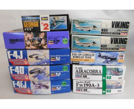 Ten boxed Hasegawa 1:48 &amp; 1:72 scale model aircraft kits, present as unused &amp; complete