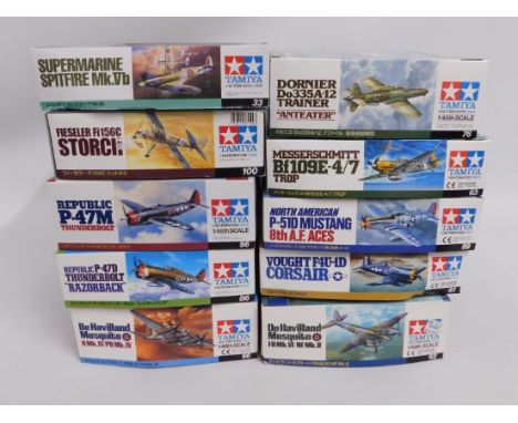 Ten boxed Tamiya 1:48 scale model aircraft kits, present as unused &amp; complete