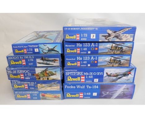 Ten boxed Revell 1:48 &amp; 1:72 scale model aircraft kits, present as unused &amp; complete