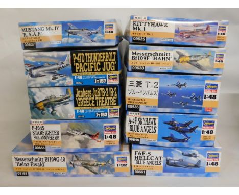 Ten boxed Hasegawa 1:32 &amp; 1:48 scale model aircraft kits, present as unused &amp; complete