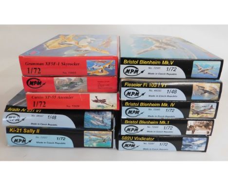 Ten boxed MPM 1:48 &amp; 1:72 scale model aircraft kits, present as unused &amp; complete