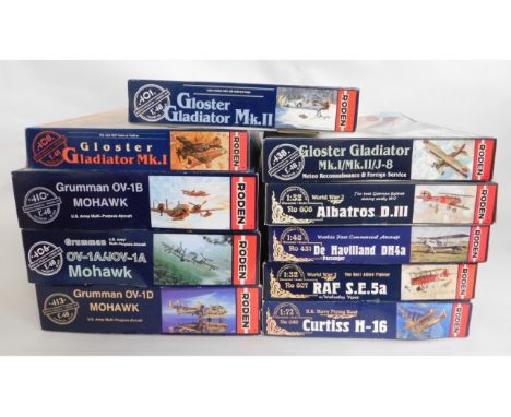 Ten boxed Roden 1:32, 1:48 &amp; 1:72 scale model aircraft kits, present as unused &amp; complete