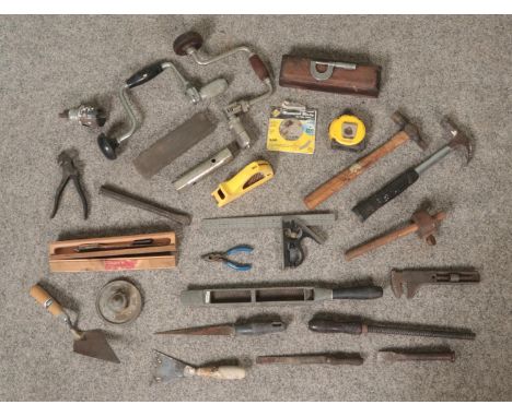 A box of assorted tools, to include Brown &amp; Sharpe micrometer, chisels, hammers, files and hand drills.