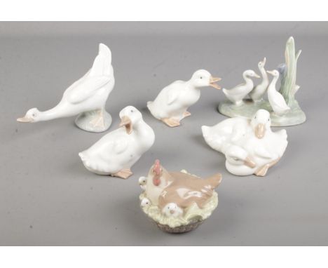 Six Nao by Lladro figures of birds including ducks, geese and chicken.