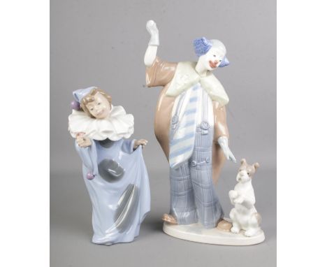 A large Nao by Lladro clown with dog figure with another clown with flower figure