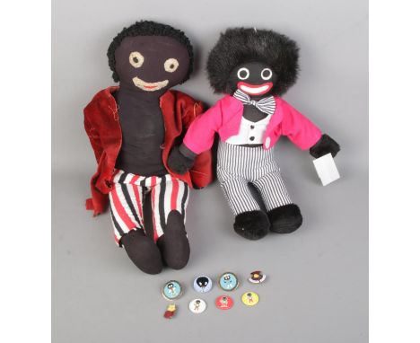 A collection of Robertson's Golly collectables to include vintage stuffed toy, Golden Shred pin badges, Balloon head Golly en