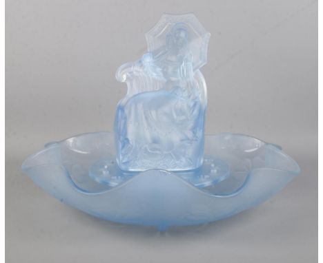 An August Walther and Sohne art deco blue shamrock glass dish centerpiece; 'Marina'. Diameter of bowl: 35cm, Height: 26cm. So