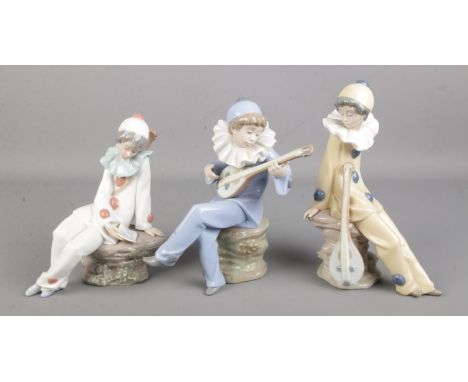 Three Nao by Lladro young mandolin playing clown figures