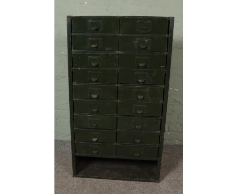 An industrial metal tool cabinet in green finish. Hx112cm Wx63cm Dx30cm