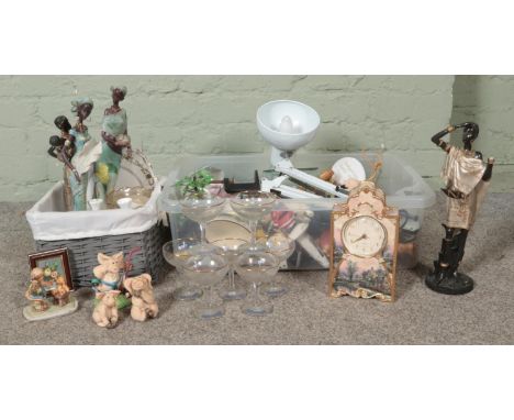 Two boxes of miscellaneous, to include seven Babycham glasses, Piggin Pig figures, resin tribal woman, Goebel figure and Brad