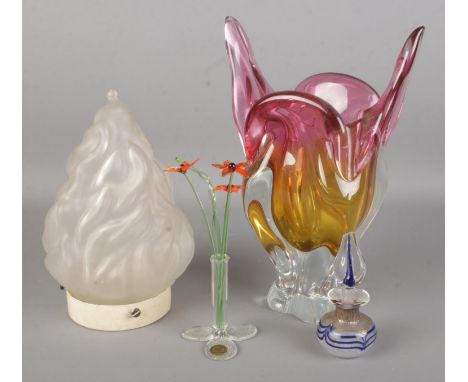 Josef Hospodka Czechoslovakian vase, flame lamp shade, Suffolk studio glass posy vase and a scent bottle. Chip to scent bottl