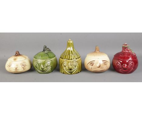 Five Sylvac ceramic storage jars; Onion, Cucumber, Beetroot and Apple Sauce. Small chip to the lid of one of the Onion exampl