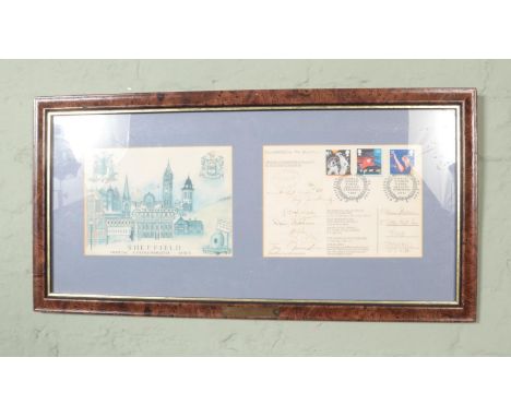A framed 1991 World Student Games display featuring limited edition multi-signed first day cover (84/100) and Sheffield Offic