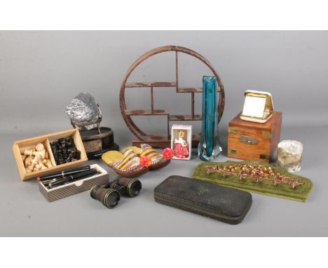 A box containing a large quantity of collectables, to include Whitefriars style tricorn vase, travel clock, chess pieces, ope