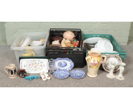 Three boxes of mainly ceramics. To include Minton Haddon Hall, Royal Albert Old Country Roses, Spode Italian, Limoges candles