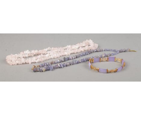 Three pieces of jewellery, to include 18ct Gold Plated 'Lavender Jade' bracelet, and a string of rose quartz beads.