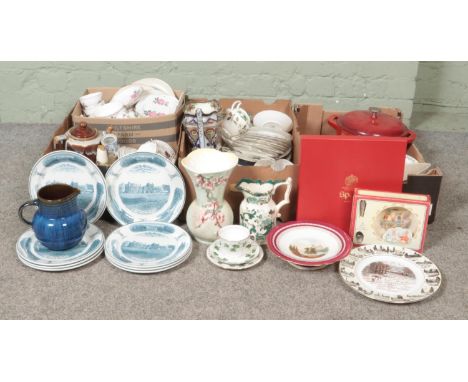 Three boxes of mainly ceramics, to include Denby cooking pot, Masons Chartreuse jug, Sylvac vase, Colclough ivy leaf cups and