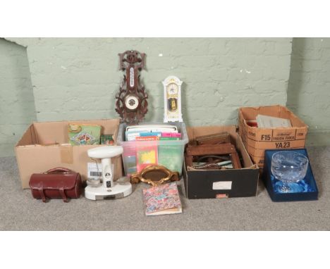 Four boxes of assorted items, to include vintage games, Avery and Salter scales, glass pedestal bowl, crown green bowls, ordi