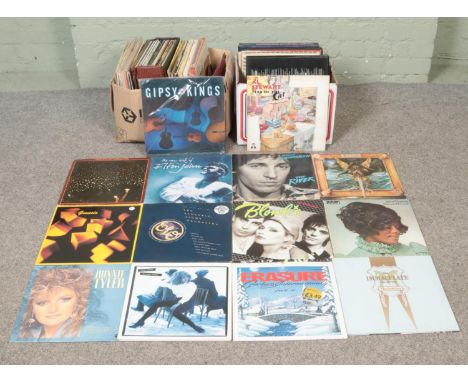 Two boxes of assorted records, to include Rock and Pop examples. Contains, Bob Dylan, Blondie, Genesis, Tina Turner, ELO and 