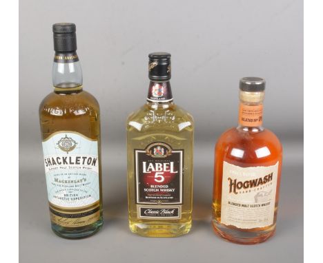 Three bottles of Scotch whisky to include Label 5 Classic Black, Hogwash and Shackleton British Antarctic Expedition.