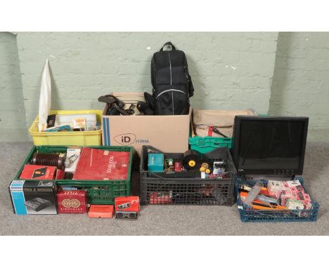 A large quantity of photographic equipment, to include camera bags, binoculars and opera glasses, RM Ecoquiet all in one comp