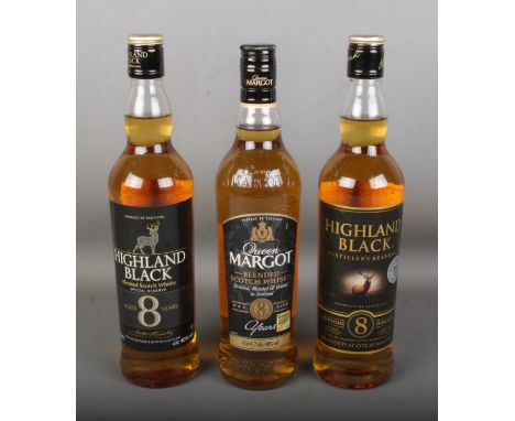 Three bottles of Scotch whisky to include two bottles of Highland Black Distiller's Reserve and one bottle of Queen Margot.