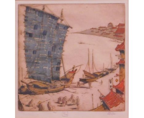 Elyse Ashe Lord (1900-1971). Loading Junks, coloured etching, signed and numbered 10/100, 19.5cm x 19cm.