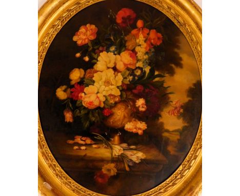 K Bartle (19thC/20thC). Still life, flowers in a vase decorated with a cherub, on a plinth, oil on canvas, signed, oval, 74.5