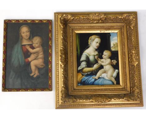 20thC overpainted print. Madonna and Child, 24cm x 19cm and another print (2).