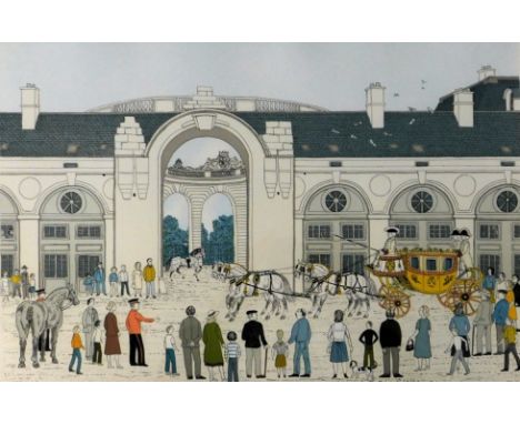 Vincent Haddelsey (1934-2010). Coach and horses, coloured etching 24/30, signed and dated New Year 1983, Scothern, 33cm x 46c
