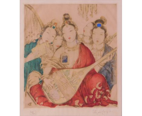 Elyse Ashe Lord (1900-1971). Musicians, coloured etching, signed and numbered 64/100, 30.5cm x 24cm.
