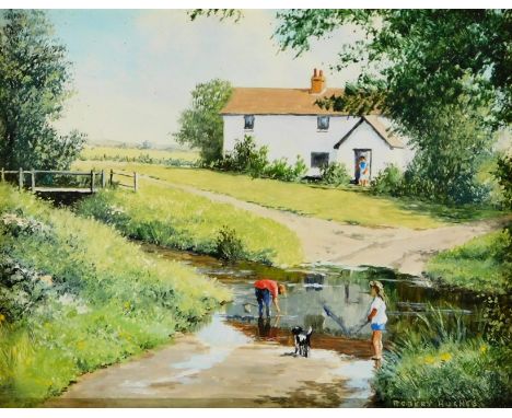 Robert Hughes (1937-2010). Children by a stream, oil on board, signed and titled verso, 9cm x 11cm.