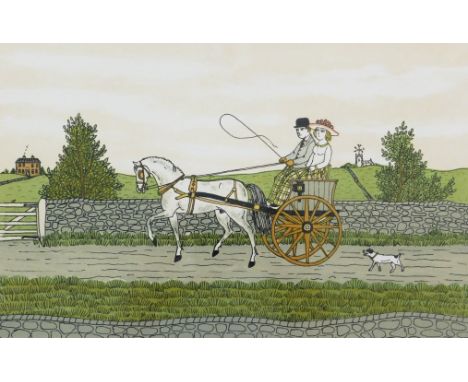 Vincent Haddelsey (1934-2010). Trap and horse, coloured etching 50/100, signed, 20cm x 30cm.