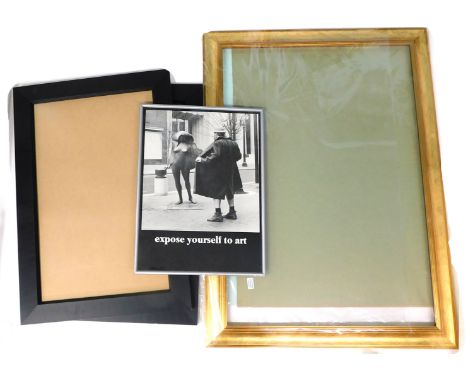 20thC gilt picture frame, 101cm x 71cm and a pair 74cm x 46cm, and a framed print 'Expose Yourself to Art'.