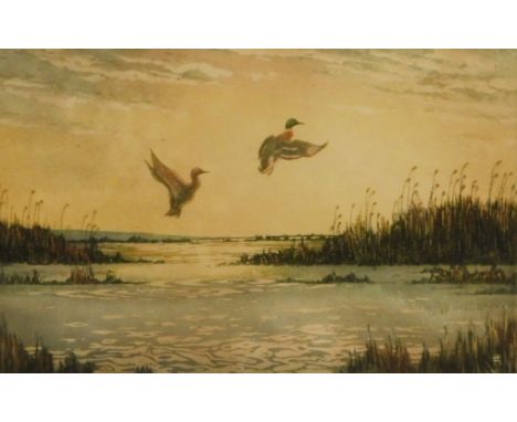 After Winston Dale Megoran (1913-1971). Estuary twilight, artist signed and titled coloured etching, 22cm x 32cm.