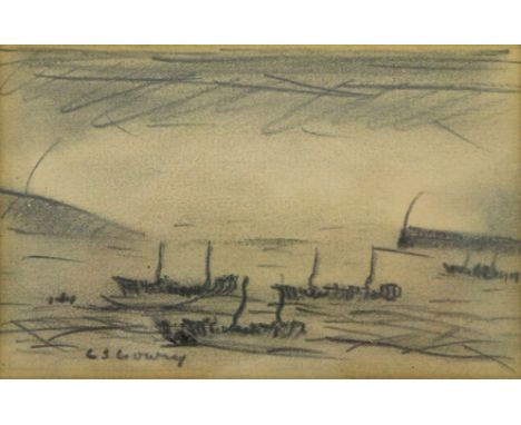 Laurence Stephen Lowry (1887-1976). Trawlers off the North East Coast, pencil drawing, signed, 8.5cm x 12.5cm.Label verso www