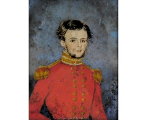 19thC portrait miniature. Military gentleman - half length, watercolour, 10cm x 7.5cm.