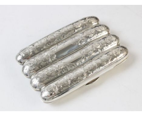 An Edwardian four-division silver cigar case by Thomas Hayes, Birmingham 1901, of shaped rectangular form with floral scrolli