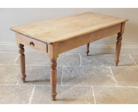 A Victorian pine scrub top kitchen table, the rectangular top with rounded corners above a pair of opposing frieze drawers, r
