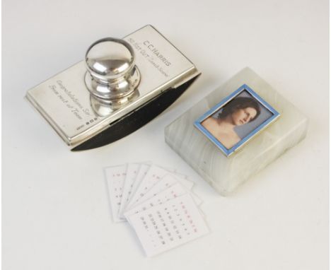 A silver mounted rocking blotter by Wilmot Manufacturing Co, Birmingham 1924, of typical form with inscription reading 'C.C.H
