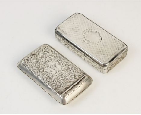 A Victorian silver snuff box by Edward Smith, Birmingham 1843, of rectangular form with scrolling foliate detail, the hinged 