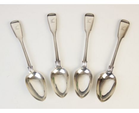 A set of four Victorian fiddle pattern silver tablespoons, Chawner &amp; Co, London 1848, each thumbpiece engraved with a cre