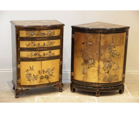 A chinoiserie black lacquer side cabinet, late 20th century, of bowfront form with an arrangement three drawers over a pair o