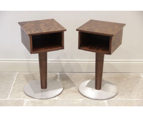 A pair of 1970's retro bedside/lamp tables, the square burr veneered tops above a rectangular vacant compartment, raised upon