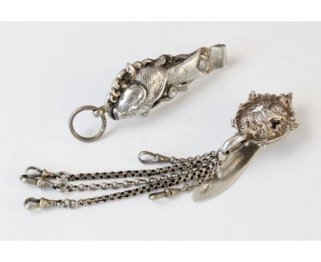 A Victorian silver chatelaine clip by Samuel Jacob, London 1894, the shaped clip pierced and cast with a cherub playing a lut